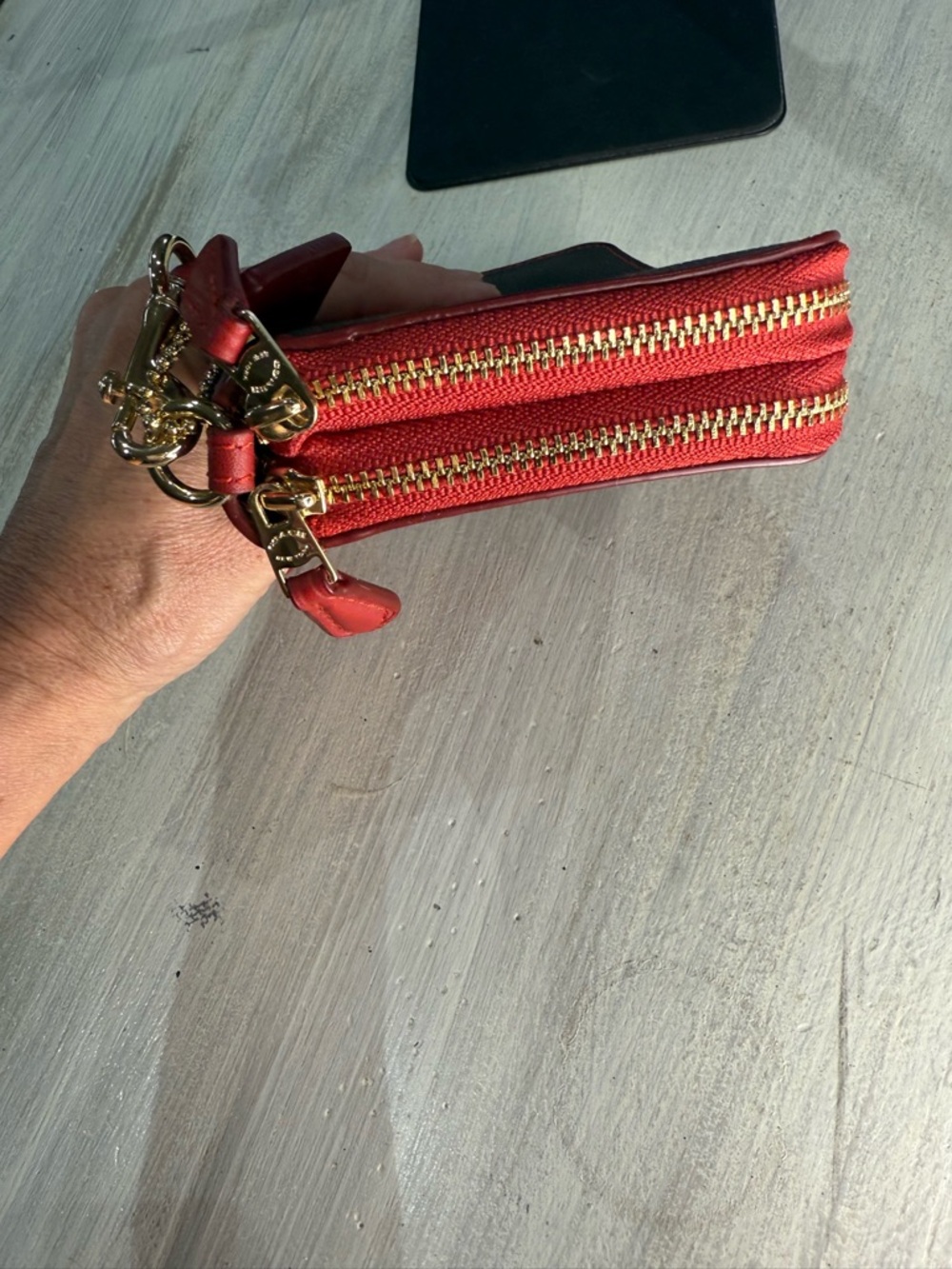 Coach Brown Double Zip Wallet with Red Signature Stripe Accent - Picture 4 of 14